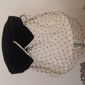 Small Black Velvet Pillbox Hat With Netting Veil, Tiny White Beading Trim